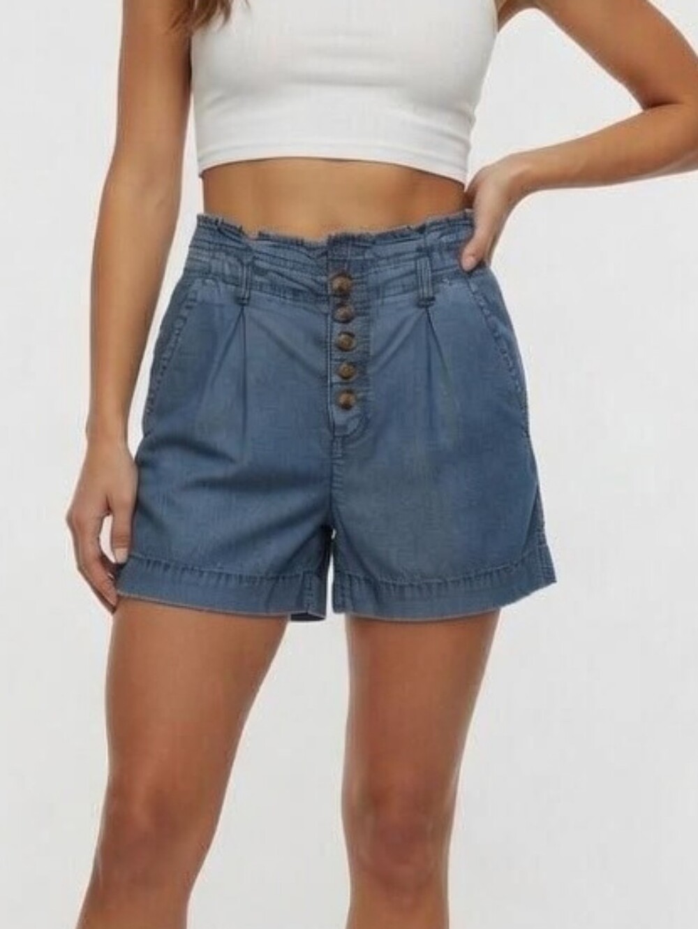 High Waisted Button Fly Pleated Shorts Side Relaxed Fit  Lightweight Blue Denim